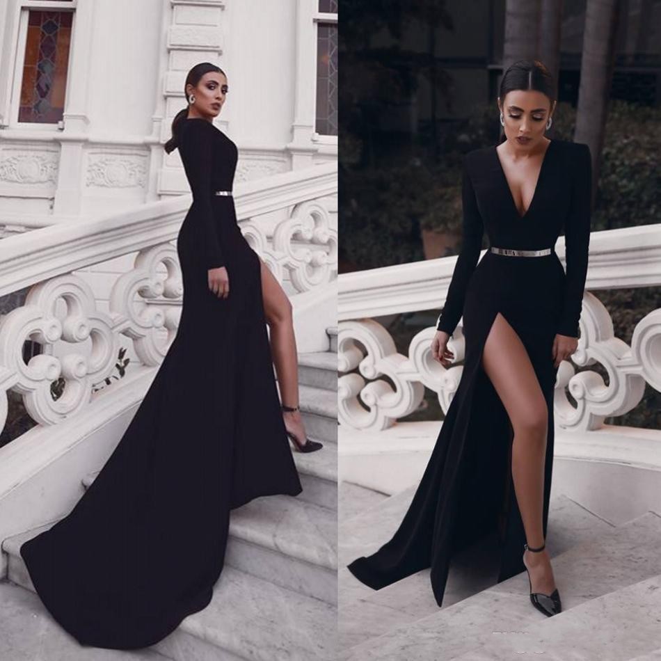 12 Sexy Schwarz-Nixe-Abend-Kleider mit langen Ärmeln V-Ausschnitt Satin Sweep Zug Abendkleider Hoch Slits Roben de soirée Abendkleid 12 Sexy Schwarz-Nixe-Abend-Kleider mit langen Ärmeln V-Ausschnitt Satin Sweep Zug Abendkleider Hoch Slits Roben de soirée Abendkleid