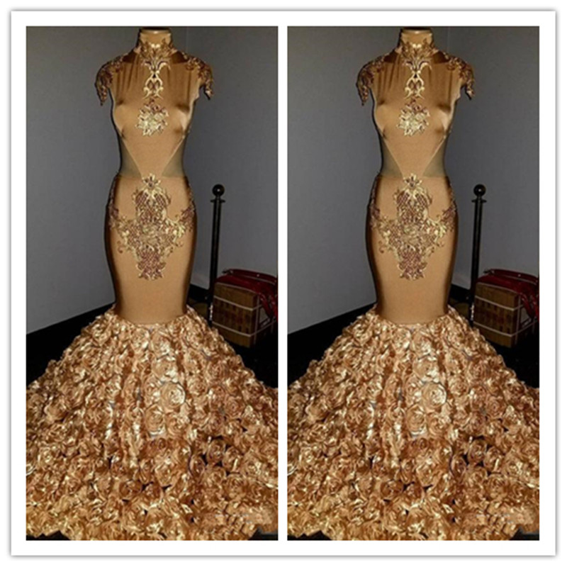 Col montant d'or Applique Paillettes dentelle sirène spéciale Robes de bal main 3D Fleurs soirée formelle Robes de soirée Robes robes de soirée