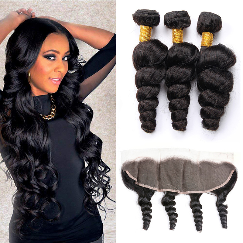 

Brazilian Virgin Hair 3 Bundles With 13X4 Lace Frontal Loose Wave Curly Human Hair Extenisons 8-30inch Loose Wave Bundles With 13 By 4, Natural color