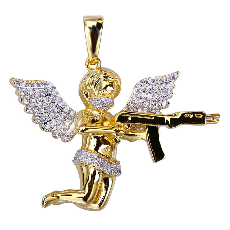 

Hip Hop Gold Plated Angel Gun Solid Back Pendant Necklace Iced Out Cubic Zircon Mens Jewelry Gifts
