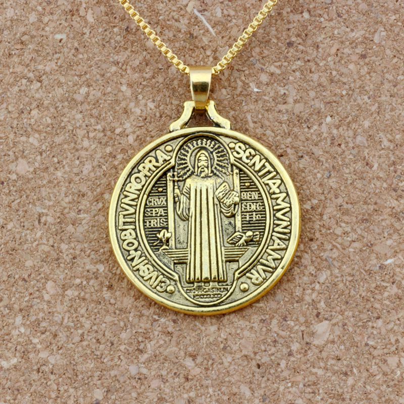 

St Benedict of Nursia Patron Against Evil Cross Medal Religious Pendant Necklaces 23.6inches 10pcs /lots Antique gold A-484d1