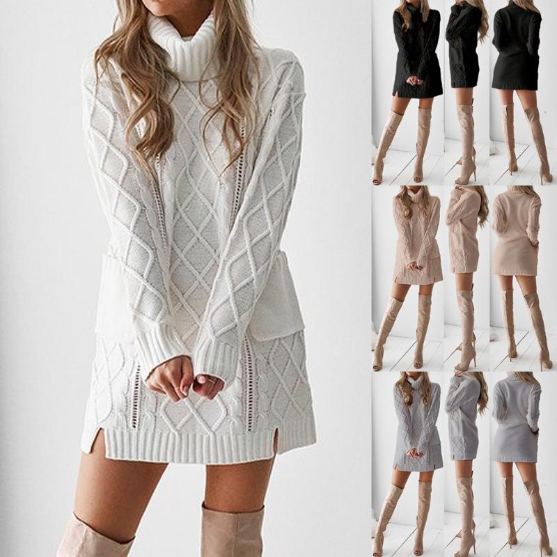 

Women Winter Sweater Knit Turtleneck Warm Long Sleeve Pocket Sexy Mini Dress Casual White Gray Clothes Solid Dresses *, Black