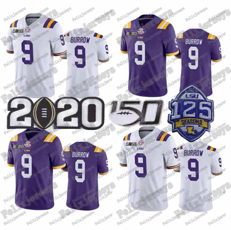 

NCAA 2020 National Championship LSU Tiger #9 Joe Burrow #9 BURREAUX 1 Ja'Marr Chase 150th 125th #20 Billy Cannon 2020 Patch College Jerseys, White
