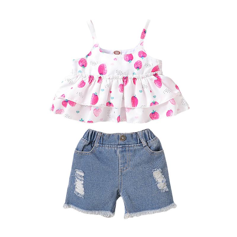 

KANCOOLD Children's Sleeveless Frill Fruit Strawberry Printed Sling Skirt Design Vest Top + Broken Hole Denim Shorts Set, White