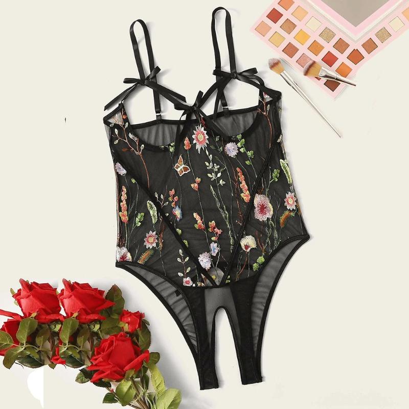 

2020 New Style Sexy Transparent Lingerie Set New Women Underwear Embroidery Lace Hollow Out Open Crotch Bow Lingerie Jumpsuit, Black