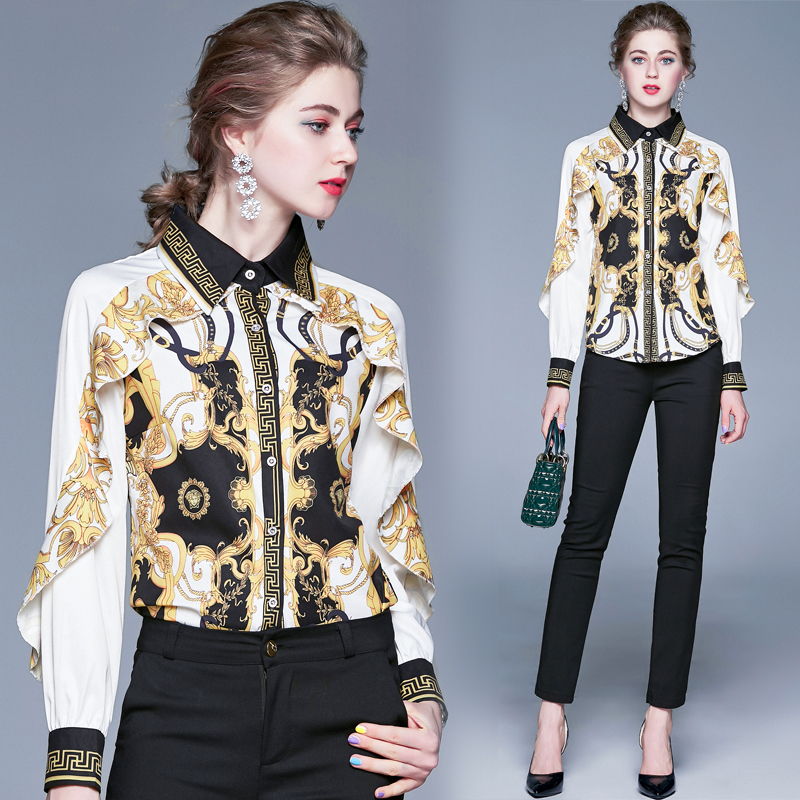 

Luxury Baroque Print Vintage Shirts Women Runway Long Sleeve Lapel Neck Ladies Button Shirt Blouses Elegant Office Designer Shirts Tops, White
