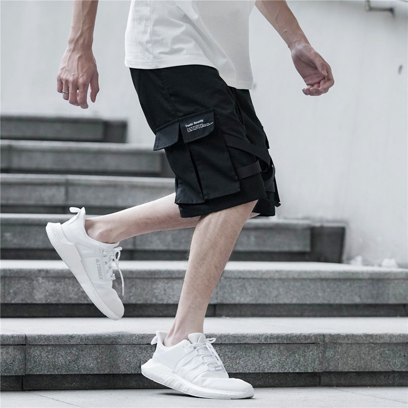 

Januarysnow Brand Designer Men Hip Hop Short Joggers Streetwear Harajuku Shorts Pockets Ribbon Summer Black Tatical Military Baggy Short