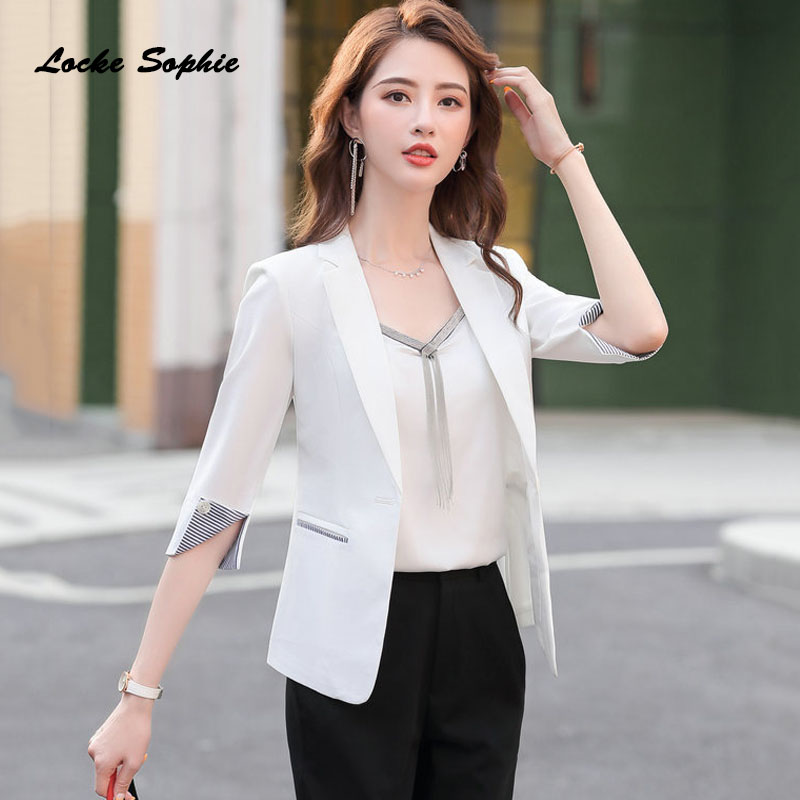 

1pcs Womens plus size Blazers coats 2020 Spring Cotton blend Slim fit Middle sleeve jackets ladies Skinny Small Blazers Suits, Black