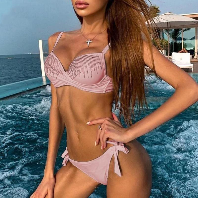 

Sexy Rhinestone Bikini Solid Color Push Up Swimsuit Quick Dry High Elasticity Bathing Suit Summer Beach Women Swimwear