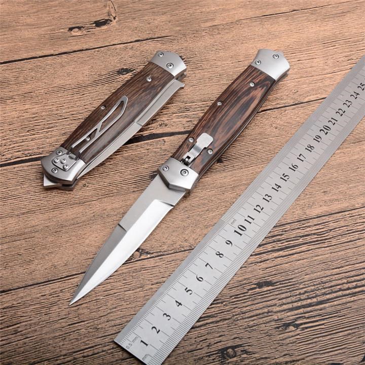 

New Horizontal Automatic Tactical Folding Knife 8Cr13 Satin Blade Wood Handle Outdoor EDC Pocket Knives With Nylon Sheath