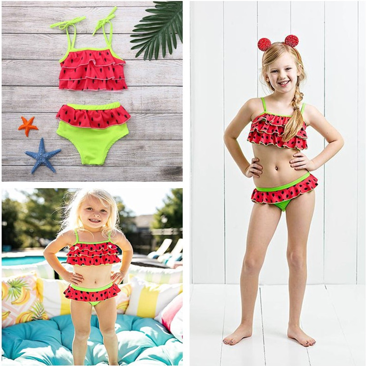 

Newest Kids Swimwear Baby Girl Belted Swimsuit Children Girls Watermelon Red Summer Swimwear Bathing Suit 2Pcs Costume Beachwear, Blue