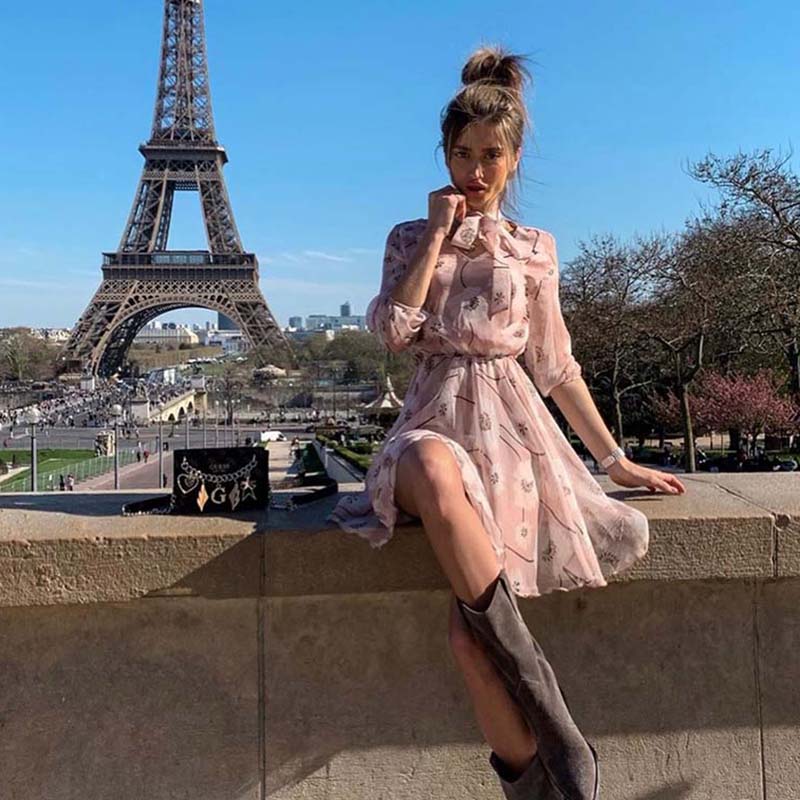 

Women Bohemian Flower Printed Bow Bandage Dress Three Quarter Sleeve Elegant Casual A-line Party Dress 2020 Summer Fashion, As picture