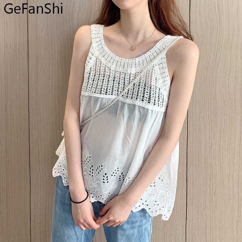 

Summer Shirts Women Fashion Lace Hollow Out O-neck Sleeveles Sexy Tops Tees Female Clothing Cute Sweet Office Lady Blouse, White
