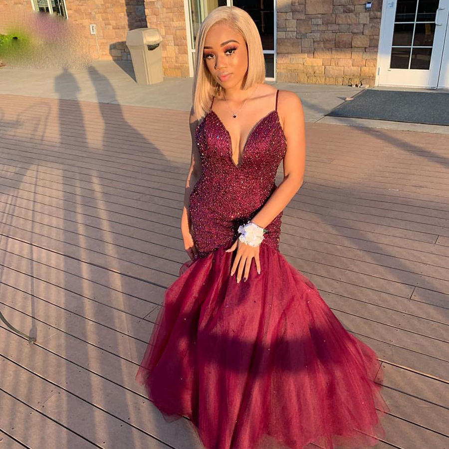

Black Girls Plus Size Prom Dresses 2020 Mermaid Full Beads Spaghetti Straps Evening Dress Party Gowns, Orange