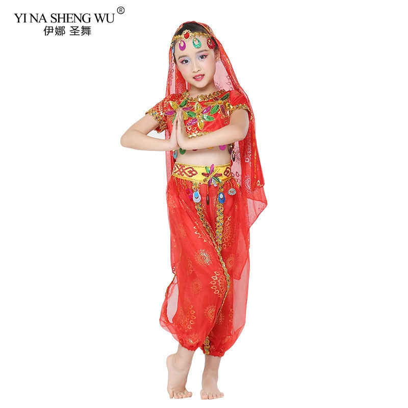 

New Style Kids Belly Dance Costumes 3pcs Set Oriental Dance Costumes For Girls Egypt Egyptian Bollywood Belly Dancing, 3pcs red