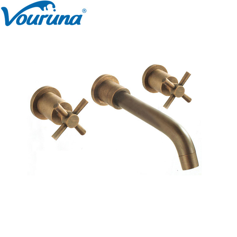 

VOURUNA Antique Brass wall mount hole faucet bathroom Hot Cold Basin Mixer Taps