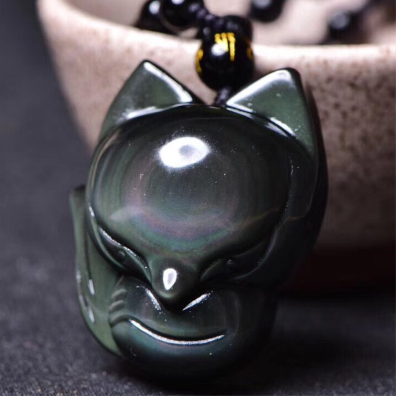 

Fox Pendant Necklace Natural Rainbow Eye Obsidian Stone Animal Amulet Choker Lucky Pendant