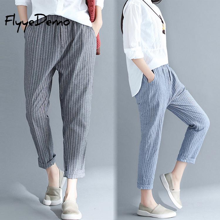 

Pockets Loose Striped Cotton Linen Harem Pants Women Elastic Waist Casual Cargo Pantalon Overalls Trousers Plus Size 4XL Casual, Blue