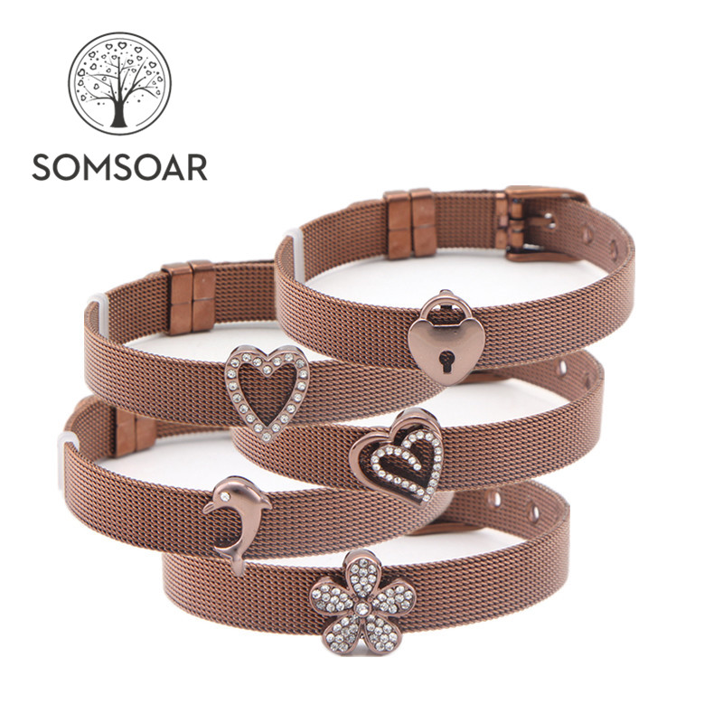 

Somsoar Jewelry Coffee Stainless Steel Mesh Bracelet Bangles with coffee Slide Charms as valentine's day gift