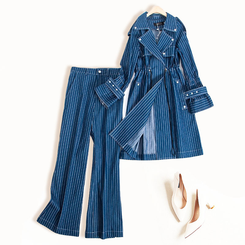 

New Designer high Quality Women Striped Pant Suit Long Sleeve Trench Coats Tops and Wide Pants Female Casual Work Blazer Sets, White;black