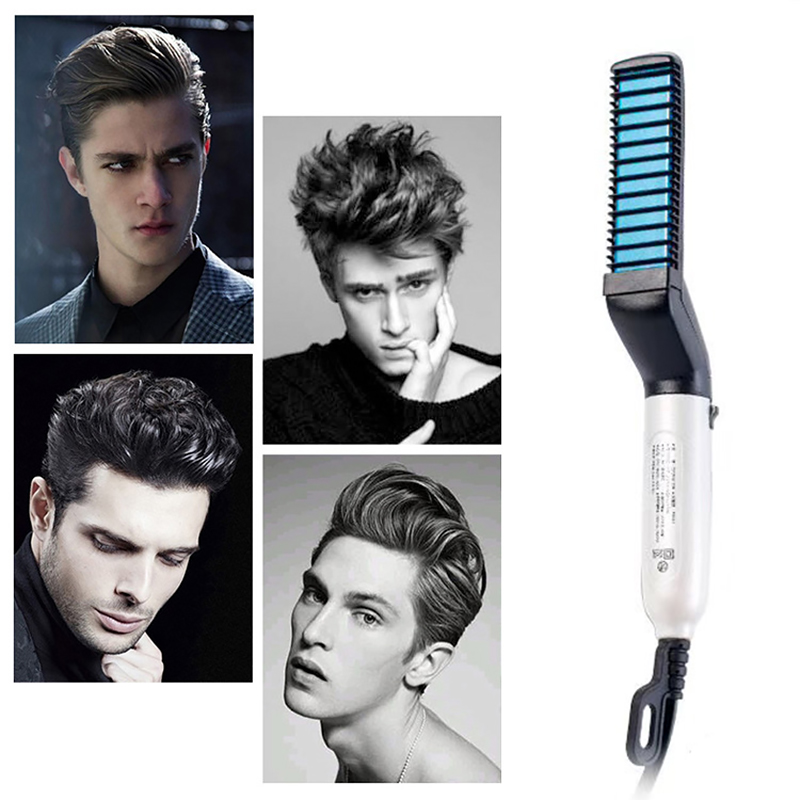 

Men Quick Beard Straightener Styler Comb Multifunctional Hair Curling Curler Show Cap Tool Electric Hair Styler for Men Hair Styling Brush, Silver