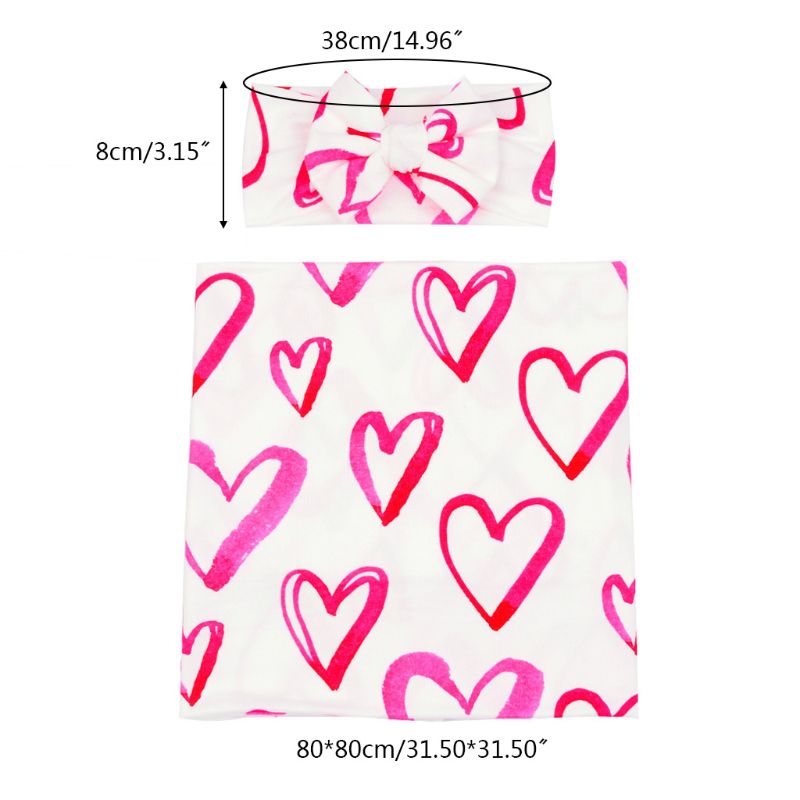 

Newborn Receiving Blanket Bow Headband Set Heart-shaped Baby Cotton Swaddle Wrap H55B, Rose red