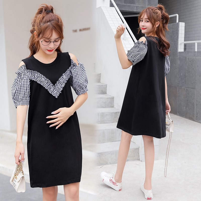 

8092# Maternity Dress Summer Hollow Shoulder Short Sleeve Easy Matching Loose Stylish Dress for Pregnant Women Mom, Black