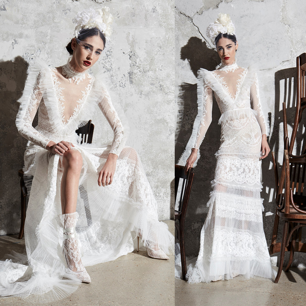 

Elegant Zuhair Murad Mermaid Wedding Dresses High Neck Long Sleeveless Split Lace Applique Ruffles Wedding Gown Sweep Train robe de mariée, Yellow