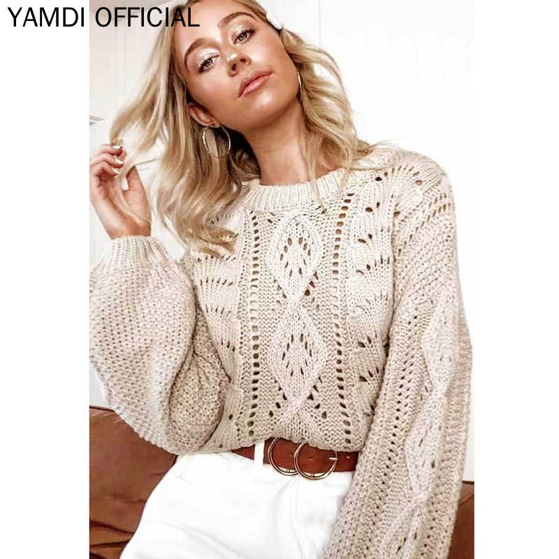 

YAMDI Solid Apricot Yellow Knitted Sweater Female Vintage O Neck Hollow Out Loose Women 2019 Autumn Winter Sweaters Jumper Pullo, Brown