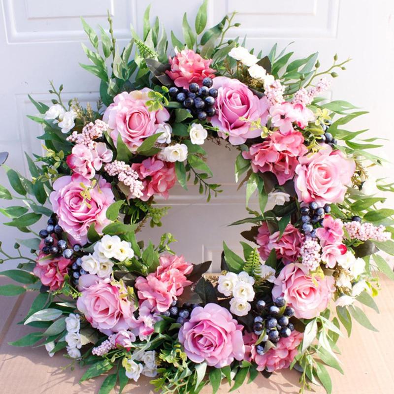 

Floral Artificial Rose Wreath Door Hanging Wall Window Decoration Wreath Holiday Festival Wedding Decor 50cm, Milky white