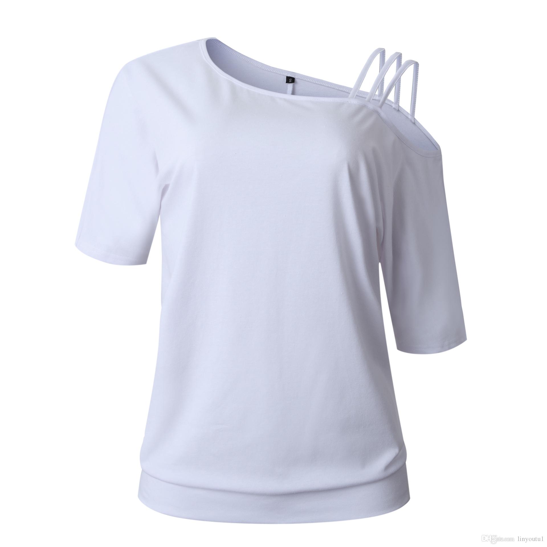 

2020 Loose Casual Short T-Shirts Women One Shoulder Off Sexy Cotton T-Shirt Short Sleeve 2019 Summer New Solid Tops Fashion Clothings, 5#