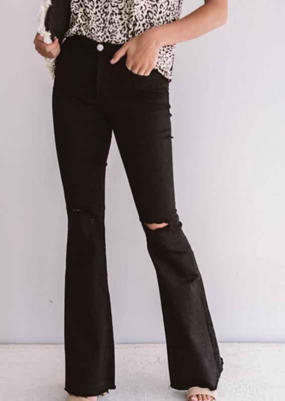 

Ripped Women Jeans Low Waisted Flared Jeans Office Lady Denim Trousers Vintage Distressed Boot Cut Pants Women, Black