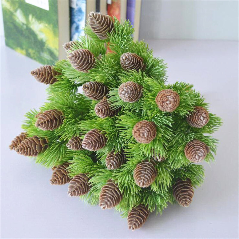 

Small Plastic Pine tree bunch with pine nuts artificial flowers for Christmas home decoration fake plants pinecone faux greens, Green