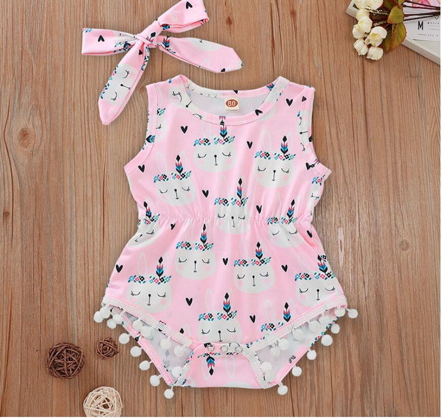 

Baby Easter Day Sleeveless Rabbit Print Romper and Headband Girl O-Neck Tassel Jumpsuit and Hair band Kids Bodysuit Clothes Two Pieces, As picture