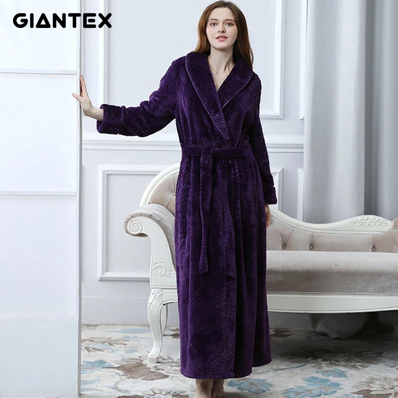 Color : Purple, Size : M Towelling Bath Robe Long-Type Flannel Printed Bathrobe Couple Bathrobe Warm Nightgown Winter Pajamas-Purple Wrap Nightwear