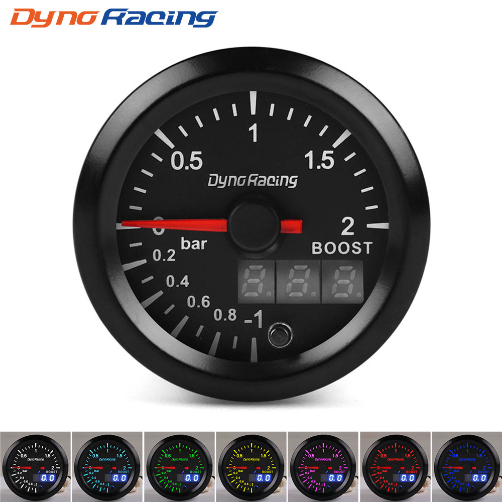 Dynoracing 2 '' 52 mm Dual Display 2BAR Turbo Boost jauge 7 couleurs de LED Boost avec compteur Stepper Motor mètres voiture