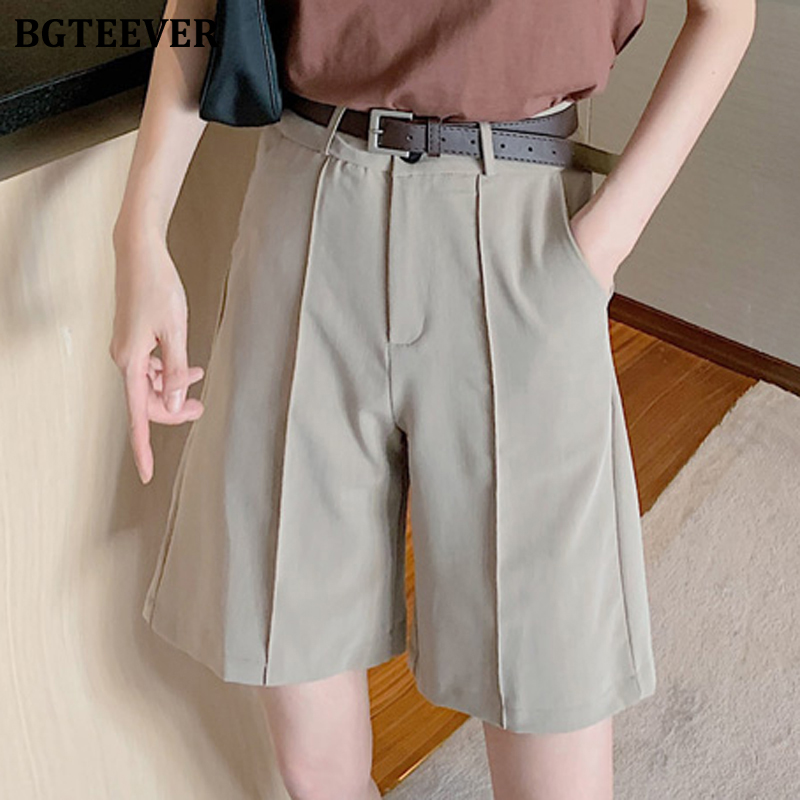 

BGTEEVER Fashion Sashes Belted Loose Women Shorts 2020 Summer Ladies High Waist Wide Leg Shorts Casual Female Suits, Khaki