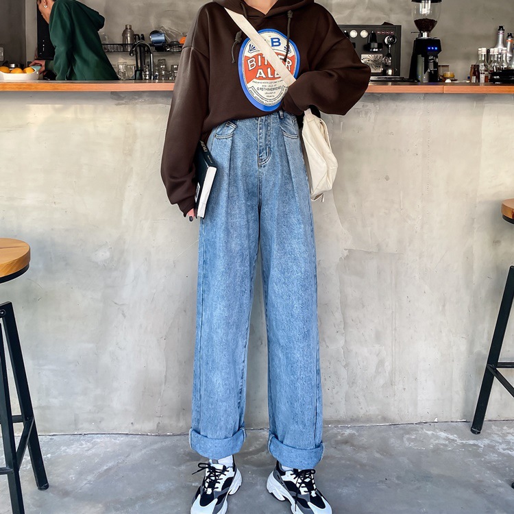 

Folds Jeans Womens High Waist Wide Leg boyfriend 90s Girl student Retro Denim Pants female Simple Casual Trousers 2020 Size -XL, Blue