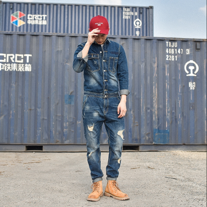 

Fashion Men' Ripped Denim Bib Overalls With Jackets Distressed Jeans Jumpsuits For Male Work Suit Stage Costumes, Blue
