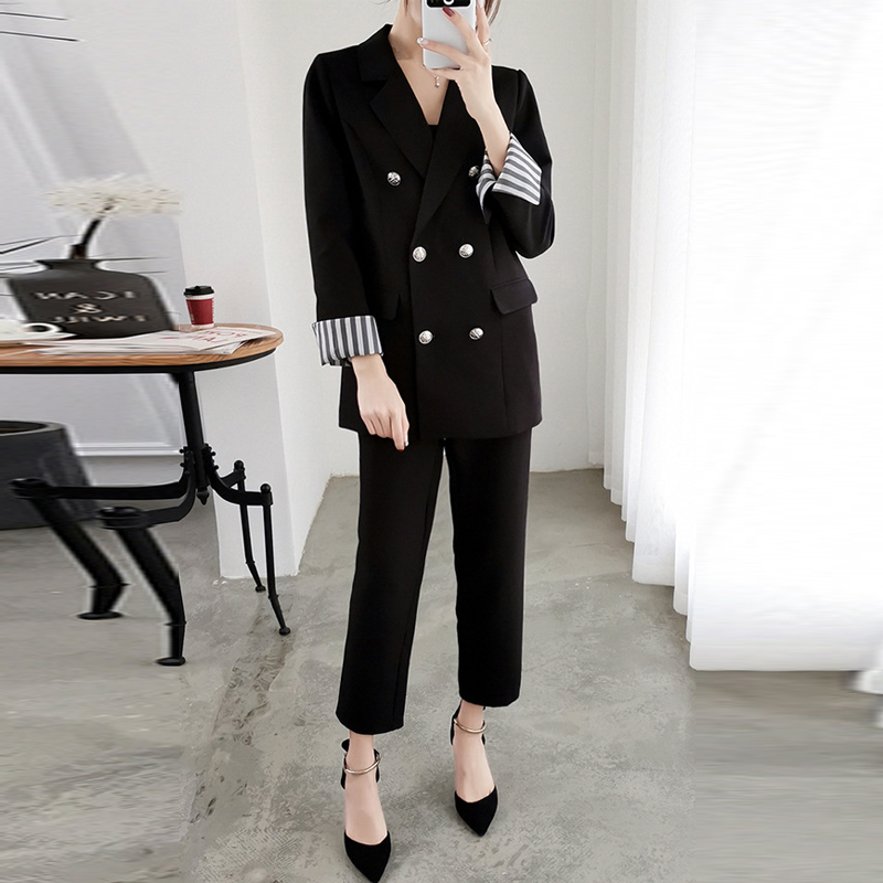 

Work Fashion Pant Suits 2 Piece Set for Women Double Breasted Oversized Blazer Jacket & Trouser Office Lady Suit Feminino 2019, Black