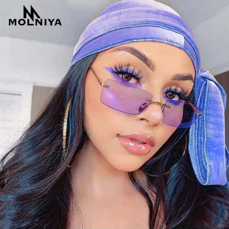 2020 Rectangle Rimless Sunglasses Women Square Vintage Sunglasses Brand Men Retro Small Yellow Gradient Glass UV400