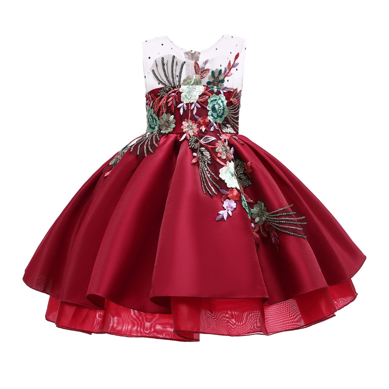 

Cute dress fluffy satin princess dress party show girls Christmas embroidered bow dress, Red