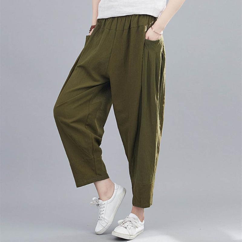 

2020 Women Cotton Harem Pants Plus Size 3XL Ninth Pants Side Pockets Elastic Waist Loose Sarouel Pantalons, Black