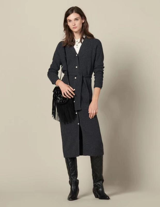 

YUNINYOYO French elegant pearl button extra long lace up wool and cashmere blend women autumn winter long cardigan ~ excellent, Dark grey