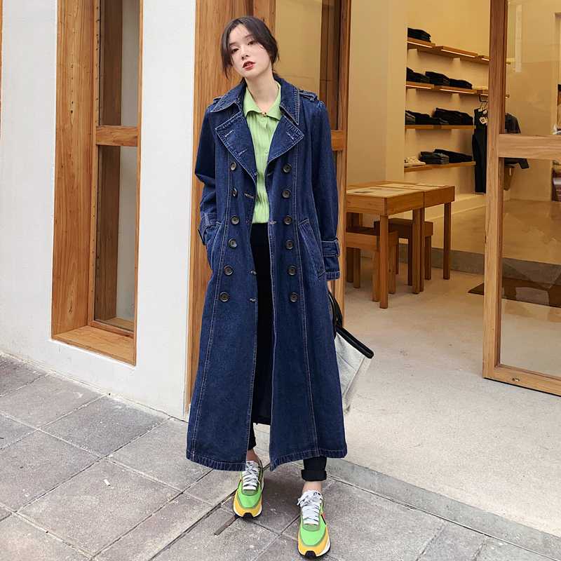 

Fashion New Slim Denim Trench Coat X-Long Double Breasted Belted Lady Windbreaker Spring Autumn Outerwear Clothes Blue Windproof