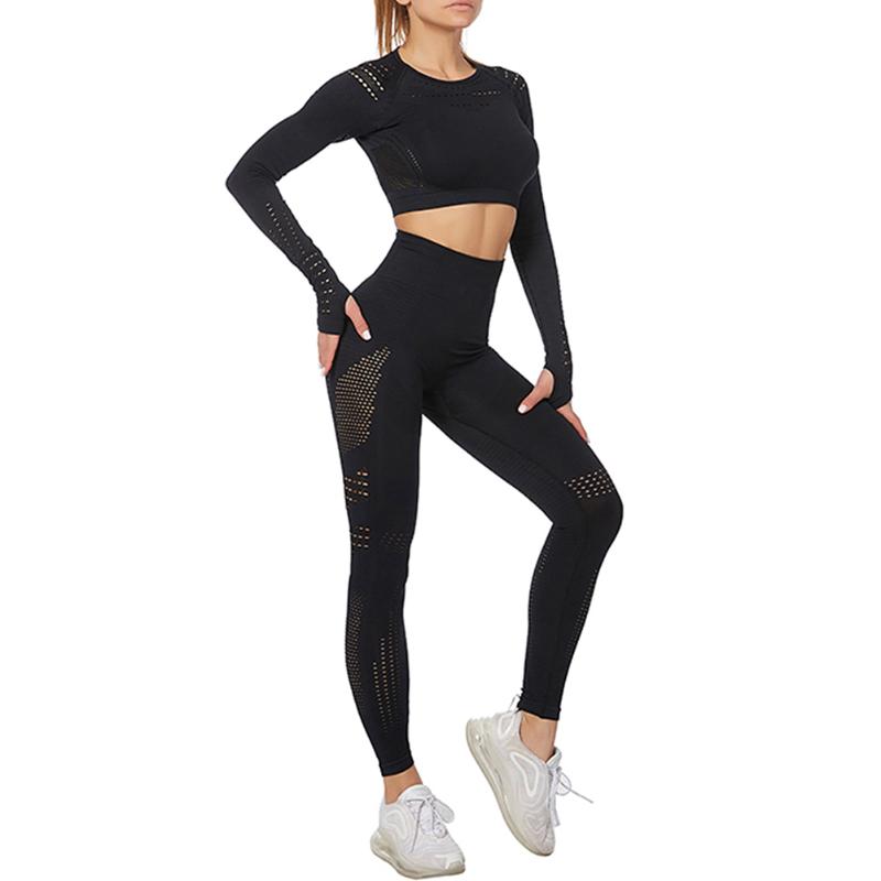 

Seamless Yoga Suit 2 piece Sports Shirts Crop Top Sport Set Gym Clothes Fitness Tracksuit Workout Set Femme, Black