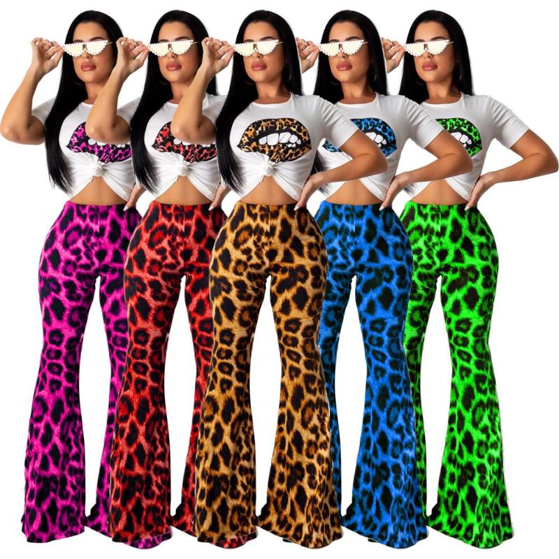 

2020 Autumn Women leopard mouth t-shirt leopard print wide leg pants suit two piece set fashion tracksuit outfit 4 color GLTS968, Brown