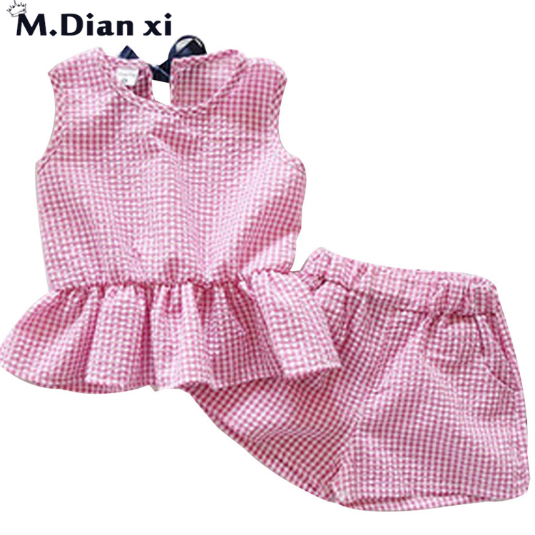 

Summer Toddler Kids Baby Girls Outfits Clothes Plaid Sleeveless Vest T-shirt+Shorts Set Outfits Clothing Wholesale, Beige