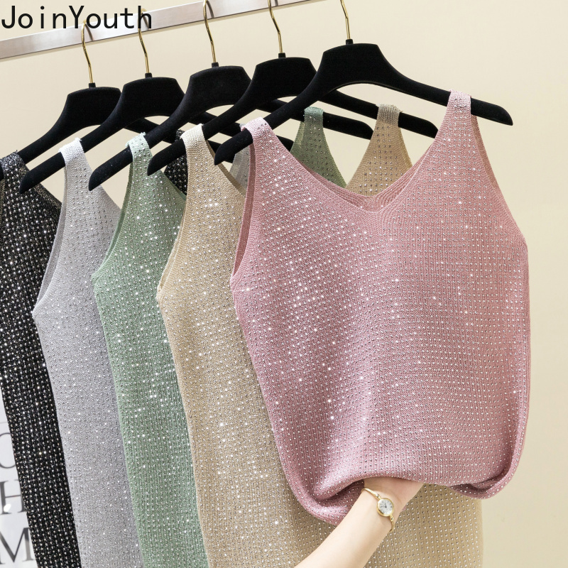 

JoinYouth Solid Shining Women Tops V Neck Sleeveless Sexy All Match Camis 2020 Summer Tank Tops Solid Fashion Clothes J787, Black