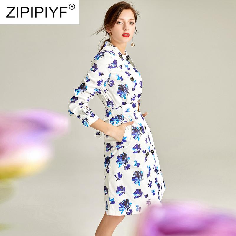 

Women New Arrival High Street 2020 Spring Fashion Trench Turn Down Collar Long Sleeve Print With Sashes Knee-Length Trench Y46, Blue
